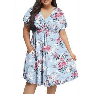 EKOUAER Maternity Dress Size XL Light Blue Floral V-Neck Nursing Friendly Boho